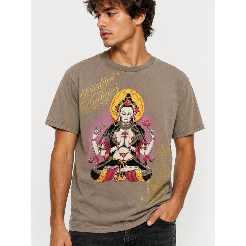 Christian Audigier Buddha Graphic T Shirt Y2K Beige Tattoo Spiritual Large